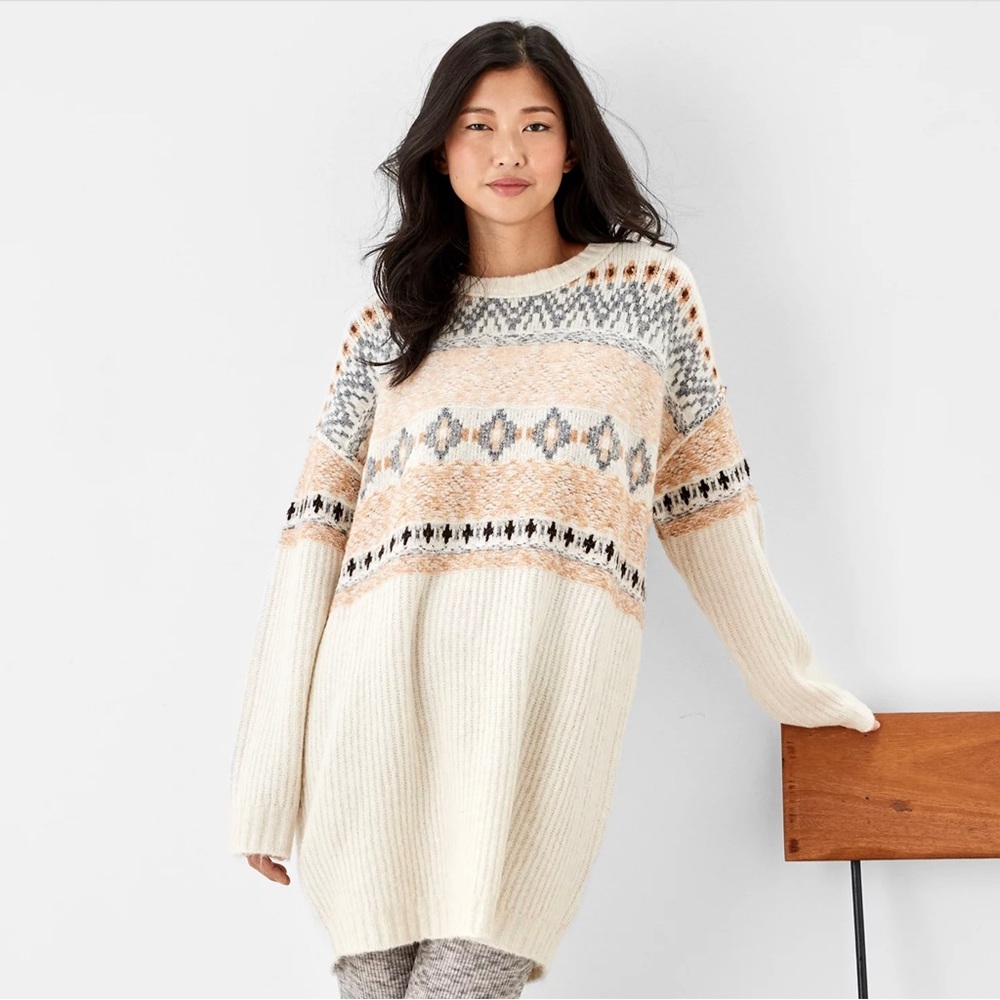American Eagle Cream Fair Isle Oversized Sweater Dress - Size Large